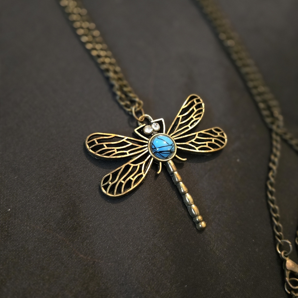 Gold Dragonfly Pendant Necklace with Turquoise Accent - Picture 2 of 5